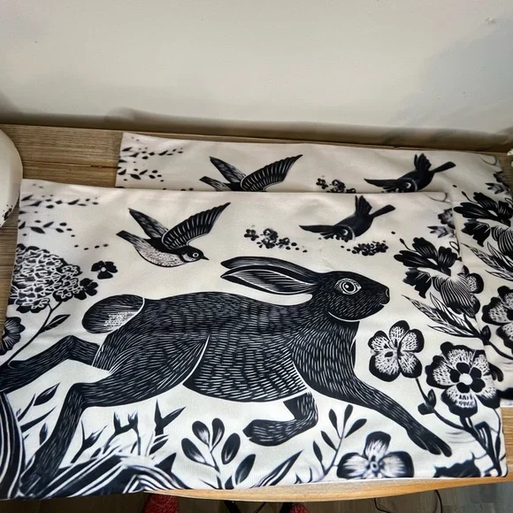 Set of 2 Folk Art Hare Lumbar Pillow Covers, Black & White Woodland, Cottagecore - Picture 6 of 6